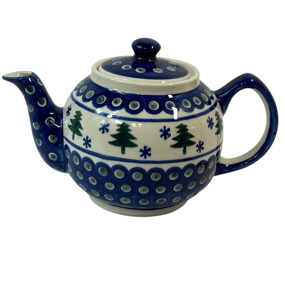 Boleslawiec Polish Pottery Teapot with Lid Pine Trees Snowflakes Poland EUC - Picture 7 of 10